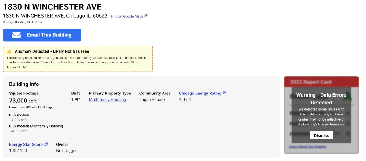 1830 N Winchester Ave's building page, showing an 'Anomaly Detected' notice at the
          top and a warning obscuring the report card.